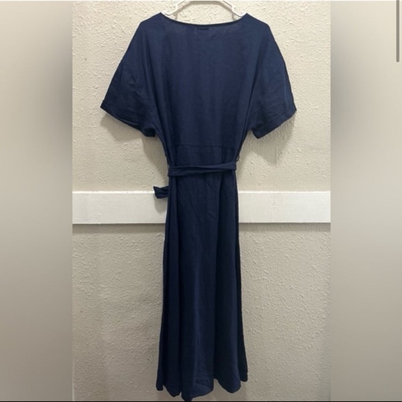 Navy blue 100% linen Button-Down belted Midi Dress - Picture 3 of 6
